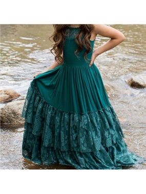 Joyfolie Teal Lace Tiered Maxi Dress for Girls